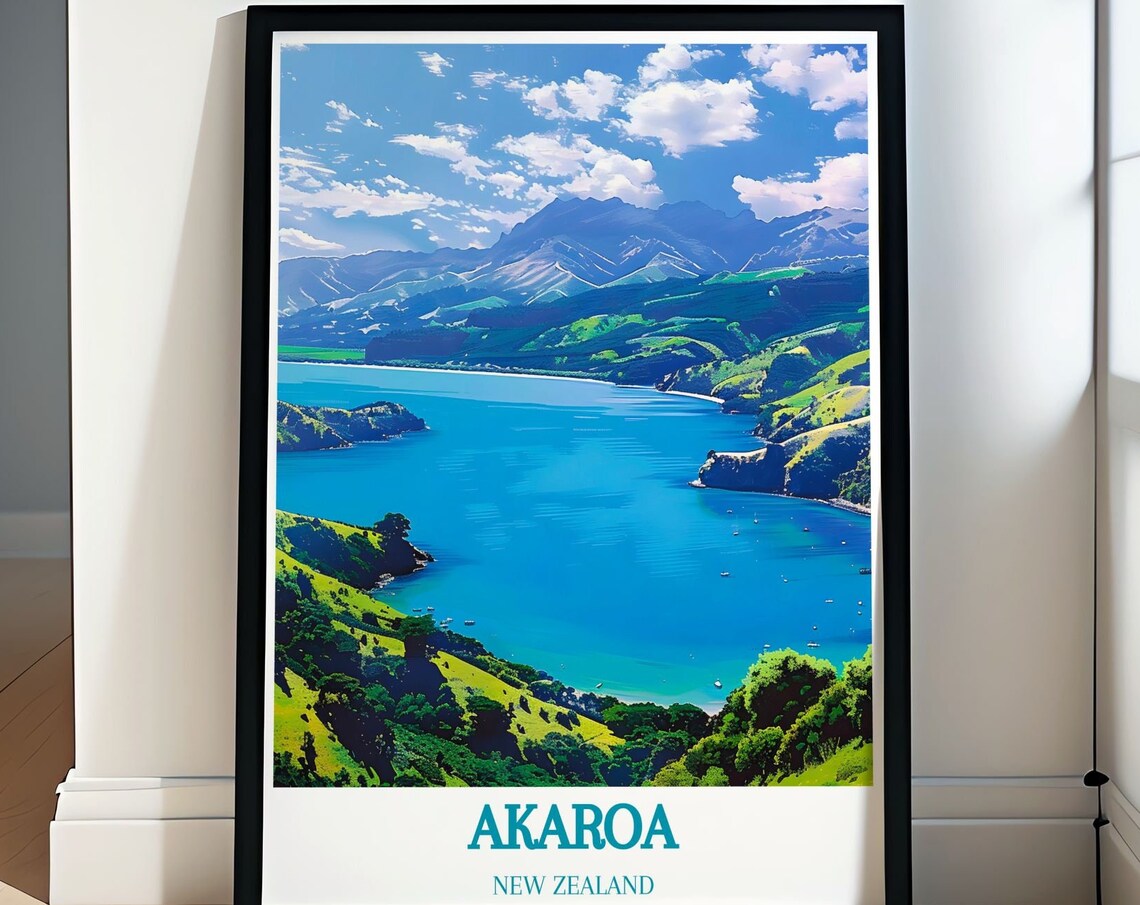 Akaroa New Zealand Harbour Aerial View Over Green Hills Poster