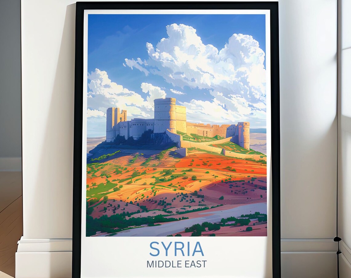 Syria Medieval Hilltop Citadel Castle Golden Fields Travel Poster