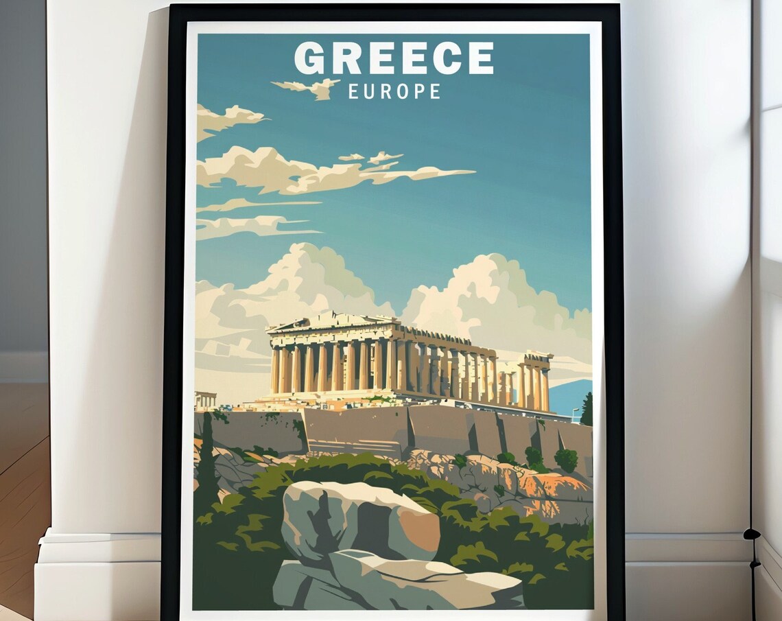 Athens Acropolis Parthenon Daytime Retro Greece Travel Poster