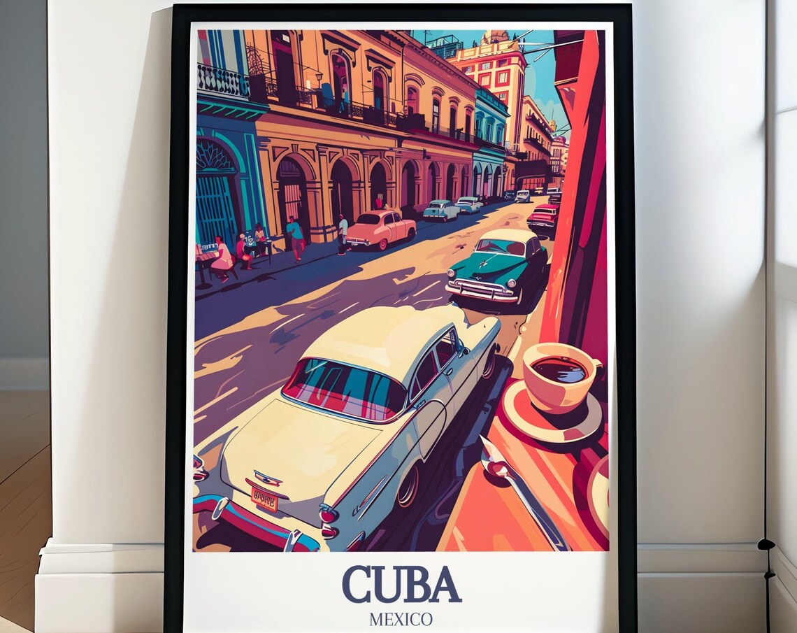 Mexico Cuba Classic Cars Colonial Street Vintage Travel Poster