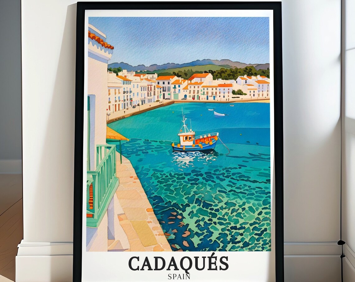 Cadaques Harbor Fishing Boat on Bright Turquoise Water Poster