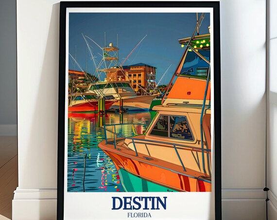 Destin Harborwalk Marina Fishing Boats Dusk Florida Travel Poster