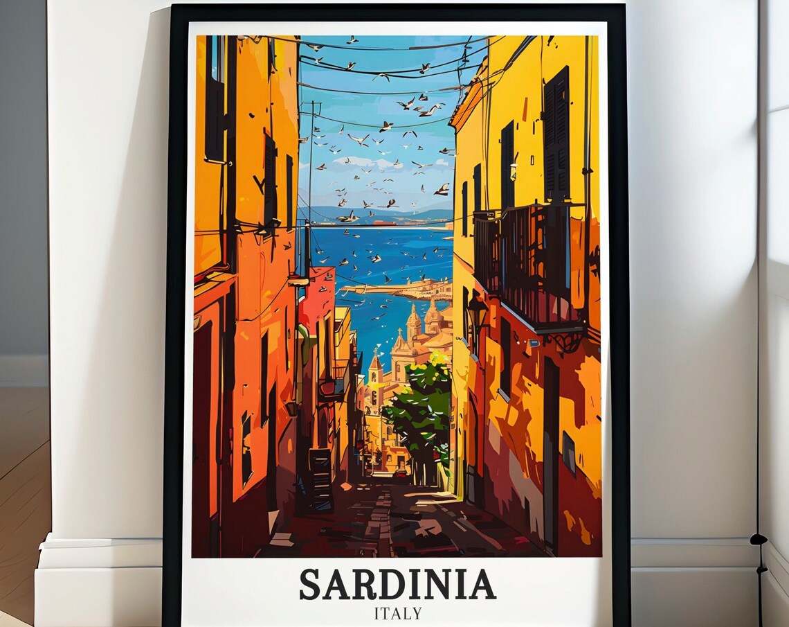 Sardinia Italy Old Town Alleyway Leading Down to the Sea Poster