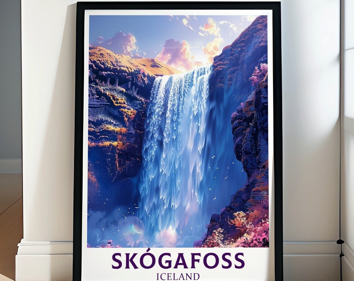 Skogafoss Iceland Waterfall Purple Twilight Golden Canyon Poster