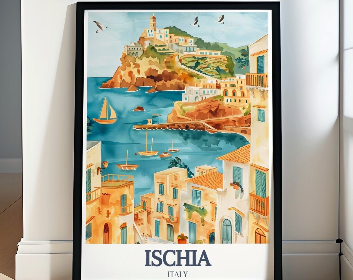 Ischia Italy Sant Angelo Village Harbor Watercolor Art Poster