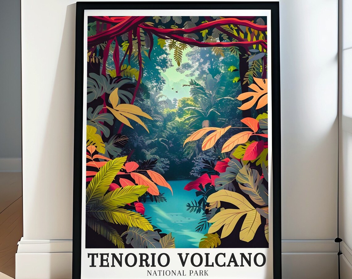 Tenorio Volcano Blue Lagoon Framed By Tropical Leaves Art Poster