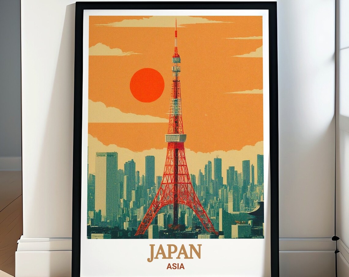 Japan Tokyo Tower Retro Sunset Cityscape Skyline Asia Travel Poster