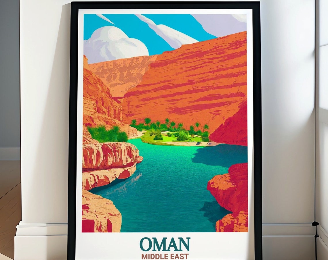 Oman Wadi Shab Canyon Emerald Oasis Pools Towering Red Cliffs Poster