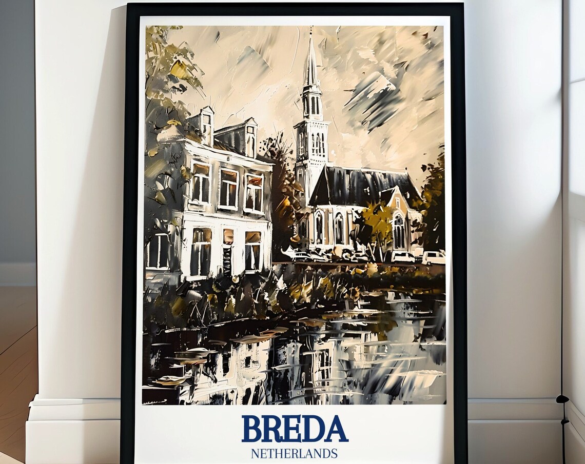 Breda Great Church Canal Reflection Impressionist Travel Poster