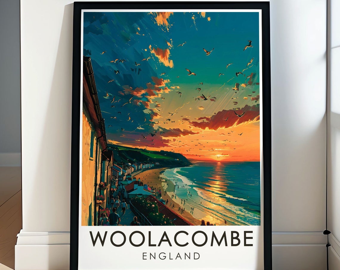 Woolacombe Beach Golden Sunset Seabirds Coastal Travel Poster