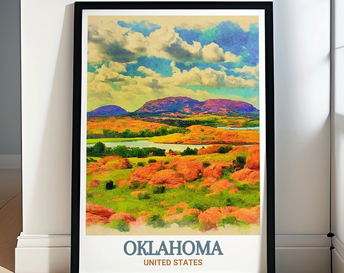 Oklahoma Wichita Mountains Red Rock Prairie Watercolor Poster