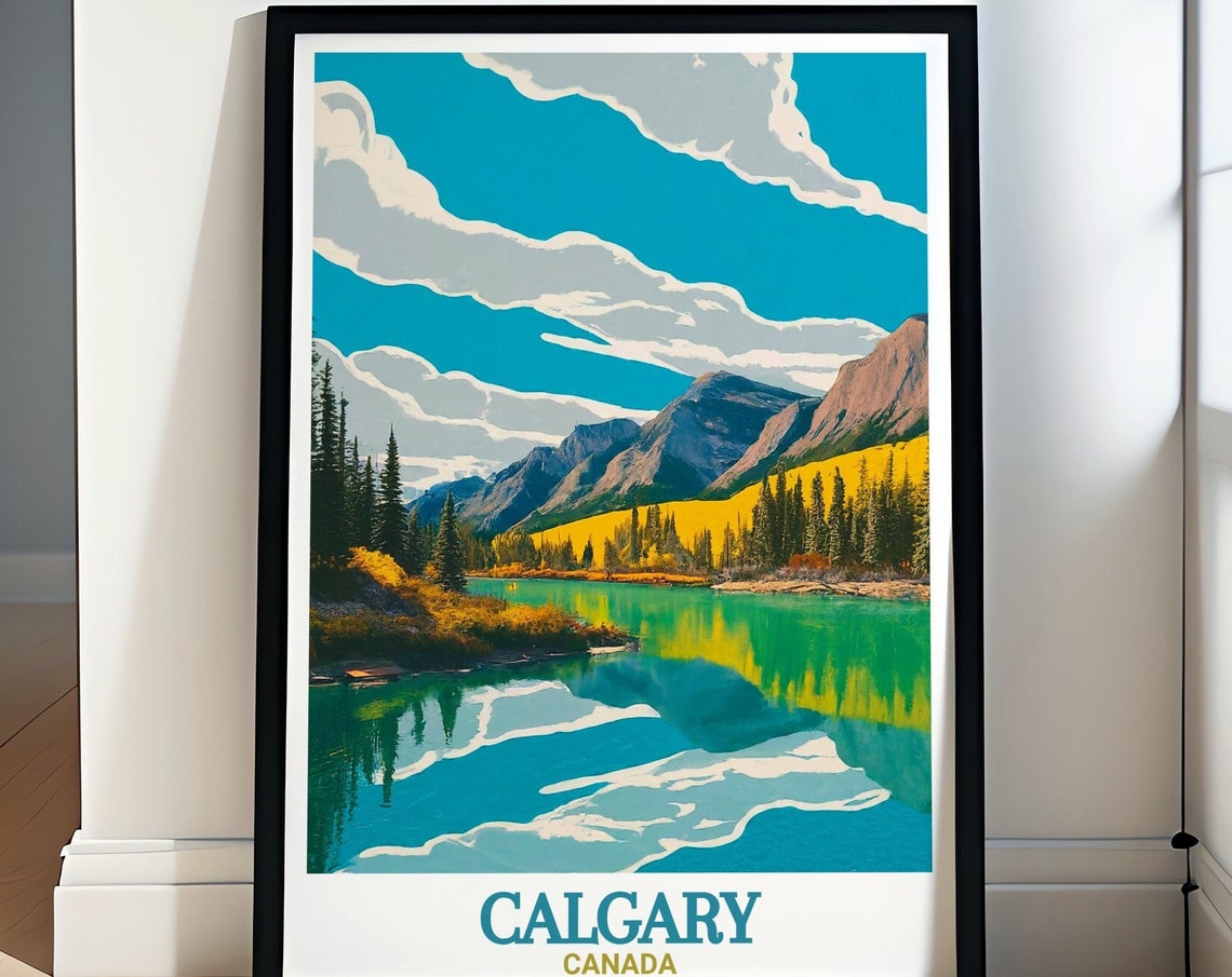Calgary Canada Fish Creek Mountain Lake Pine Trees Travel Poster