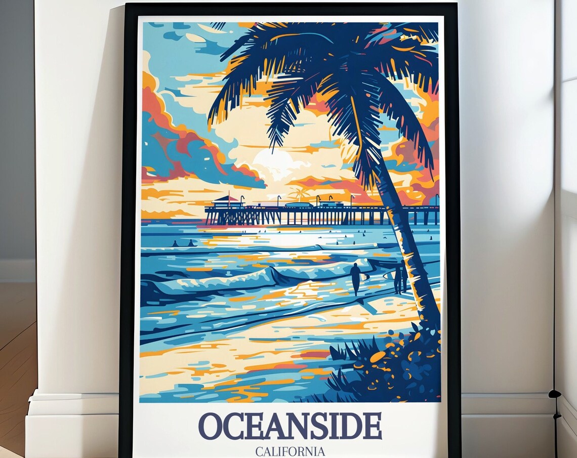 Oceanside Beach Pier Sunset Palm Fronds Surf California Poster