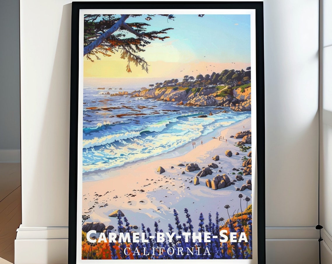 Carmel Beach Sunset Waves Rocky Shore California Coast Poster