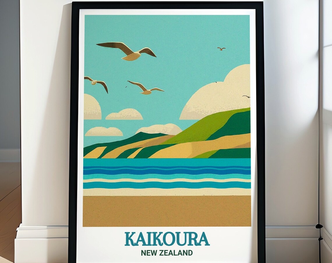 Kaikoura Beach Seagulls Turquoise Waves New Zealand Coastal Poster
