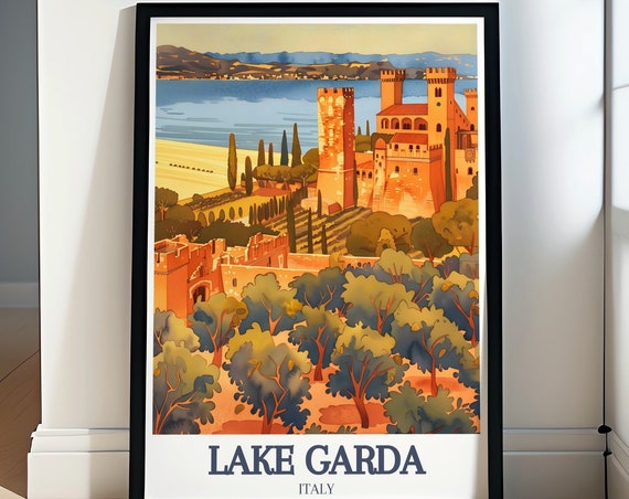 Lake Garda Travel Poster Scaliger Castle And Grottoes Of Catullus Decor Scaliger Castle And Grottoes Of Catullus Art Print