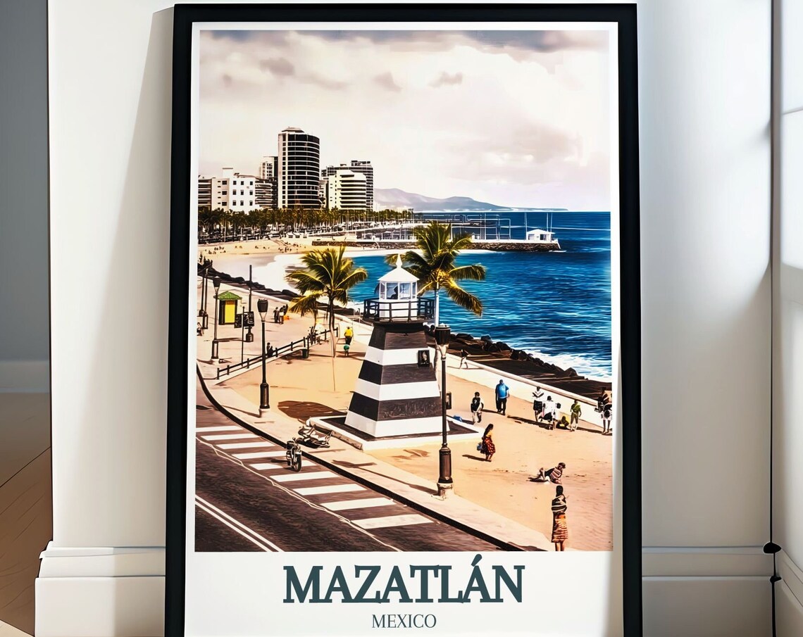 Mazatlán Mexico Malecón Lighthouse Tower and Palm Beach Poster
