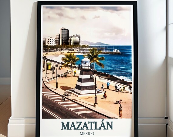 Mazatlán Mexico Malecón Lighthouse Tower and Palm Beach Poster