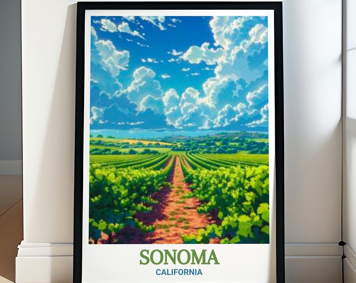 Sonoma California Green Vineyard Rows Wine Country Travel Poster