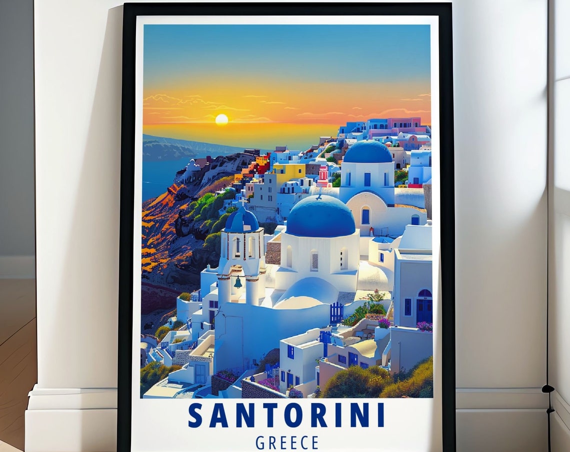 Santorini Greece Oia Sunset Blue Domes White Village Travel Poster