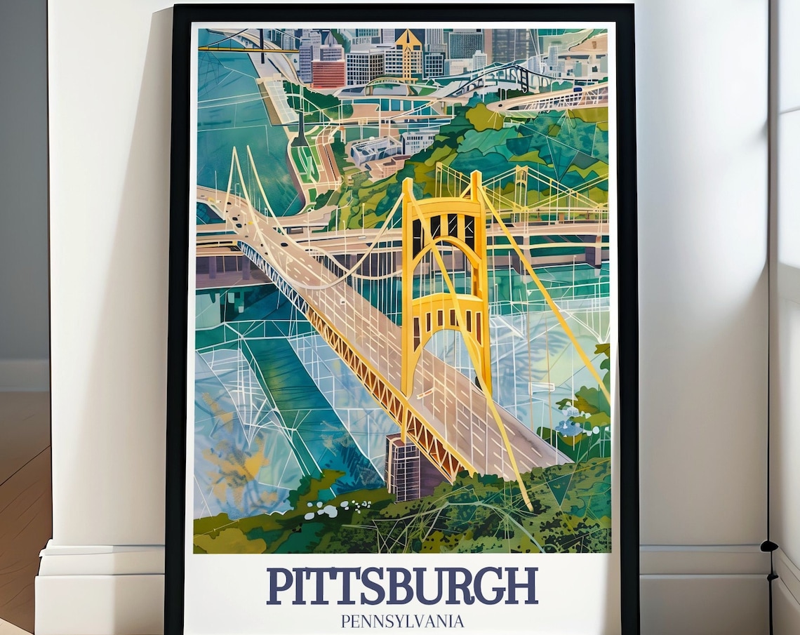Pittsburgh Pennsylvania Yellow Suspension Bridge over the River Poster