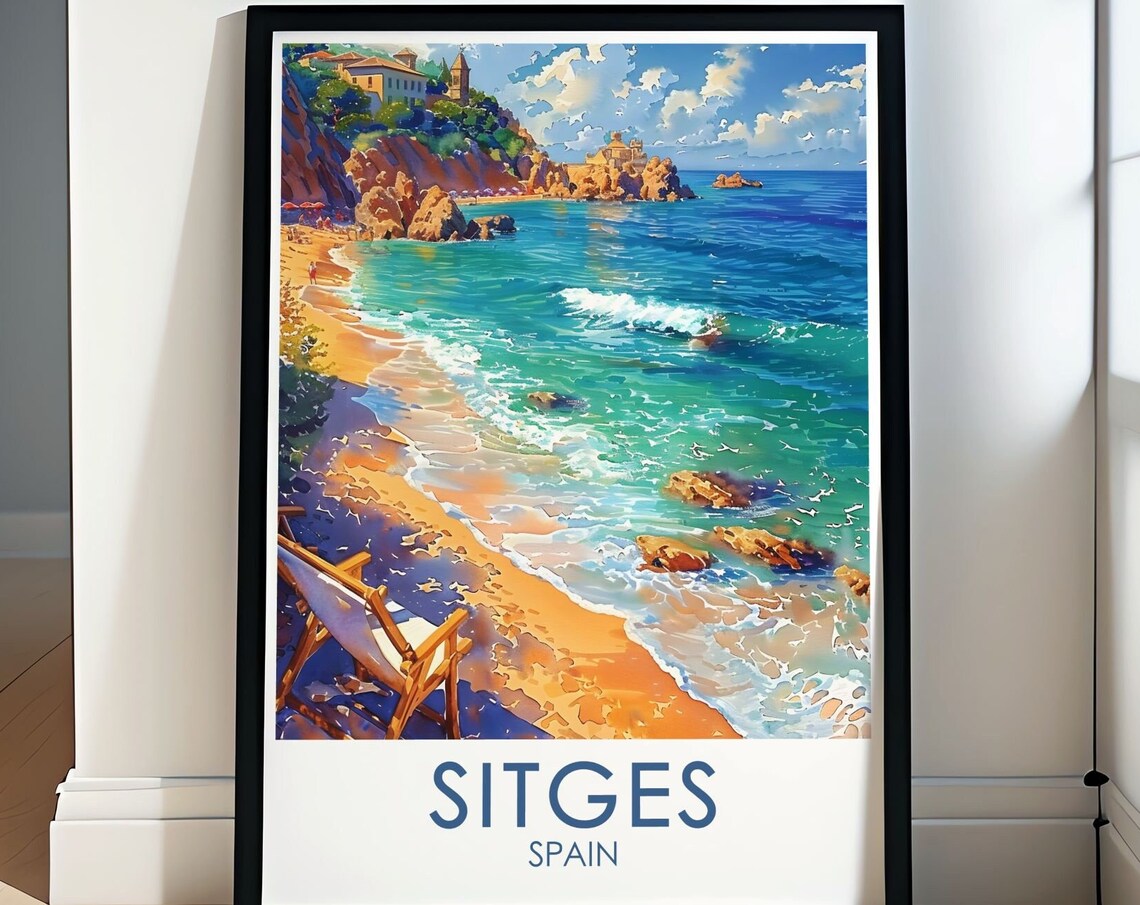 Sitges Spain Beach Turquoise Waves Golden Sand Coastal Travel Poster