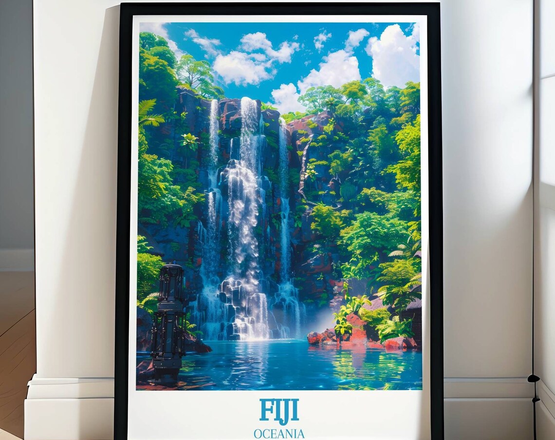 Fiji Oceania Tropical Waterfall Lush Rainforest Blue Pool Poster