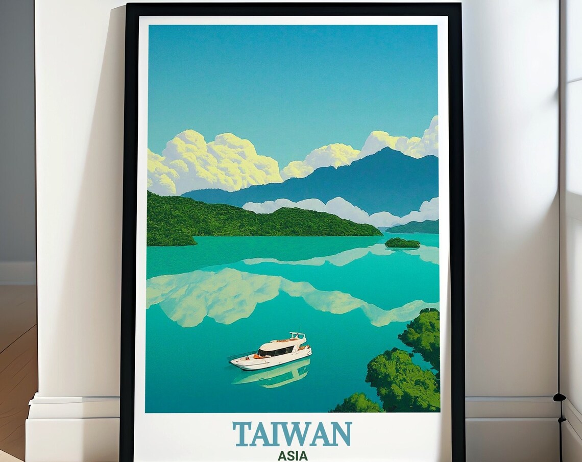 Taiwan Sun Moon Lake Boat Mountainside Reflection Travel Poster