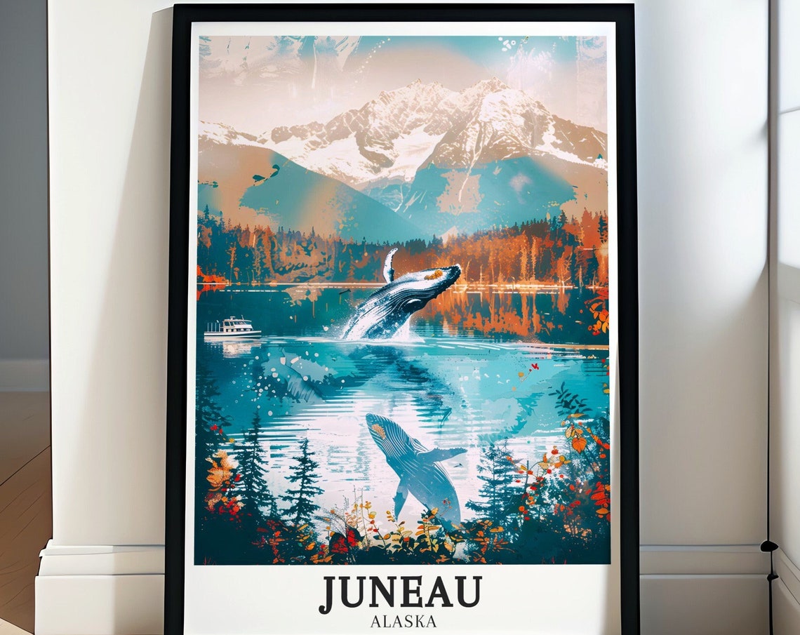 Juneau Alaska Breaching Whale and Snowy Mountain Lake View Poster