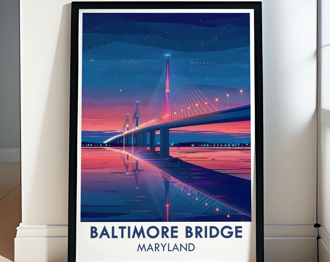 Baltimore Key Bridge Cable-Stayed Sunset Night Sky Travel Poster