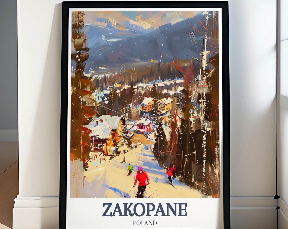 Zakopane Poland Winter Ski Slope Village Street Scene Travel Poster