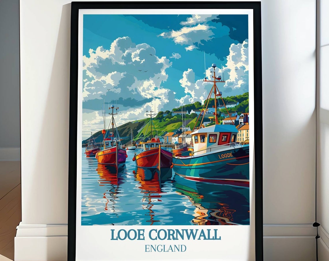Looe Harbor Cornwall England Fishing Boat Marina Travel Poster
