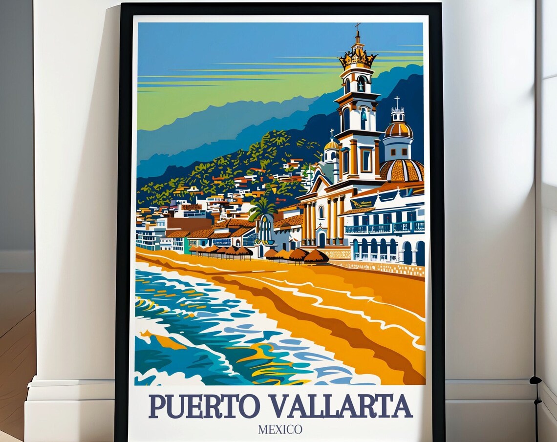 Puerto Vallarta Mexico Guadalupe Church Golden Beach Scene Poster