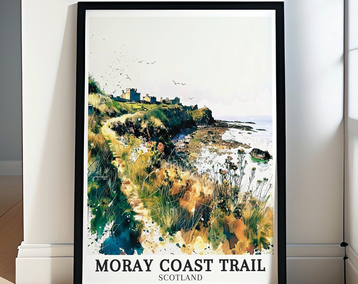 Moray Coast Trail Scotland Castle Ruins Watercolor Coastal Path Poster