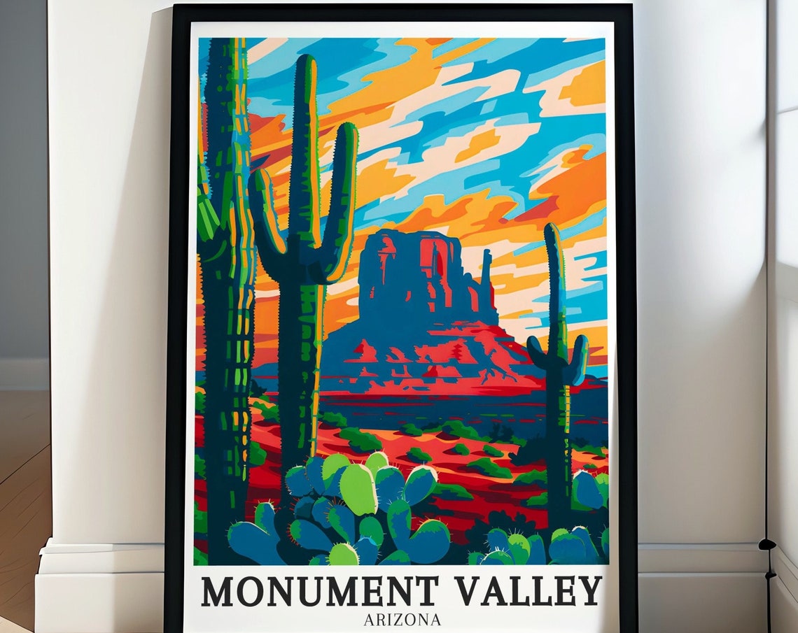 Monument Valley Saguaro Cactus Sunset Desert Butte Travel Poster