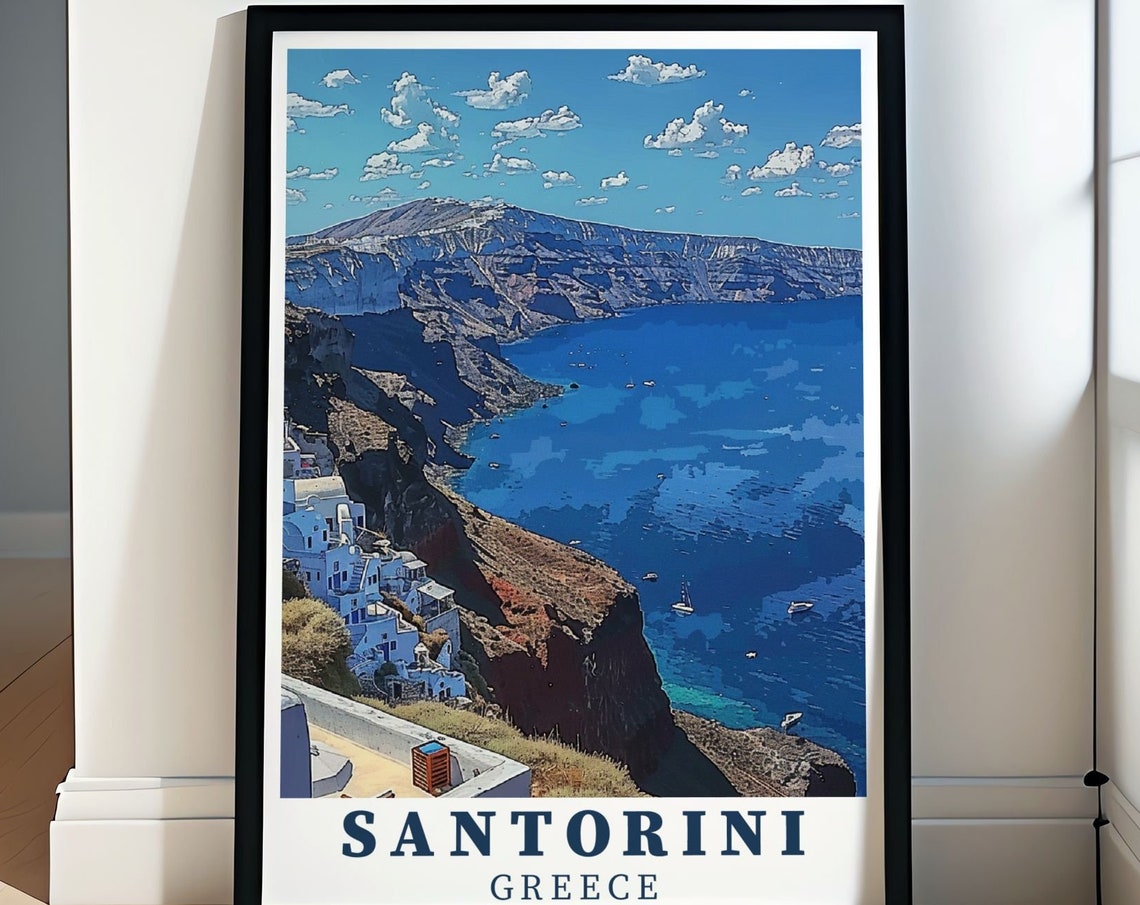 Santorini Greece Caldera Cliffs Whitewashed Houses Sea Travel Poster