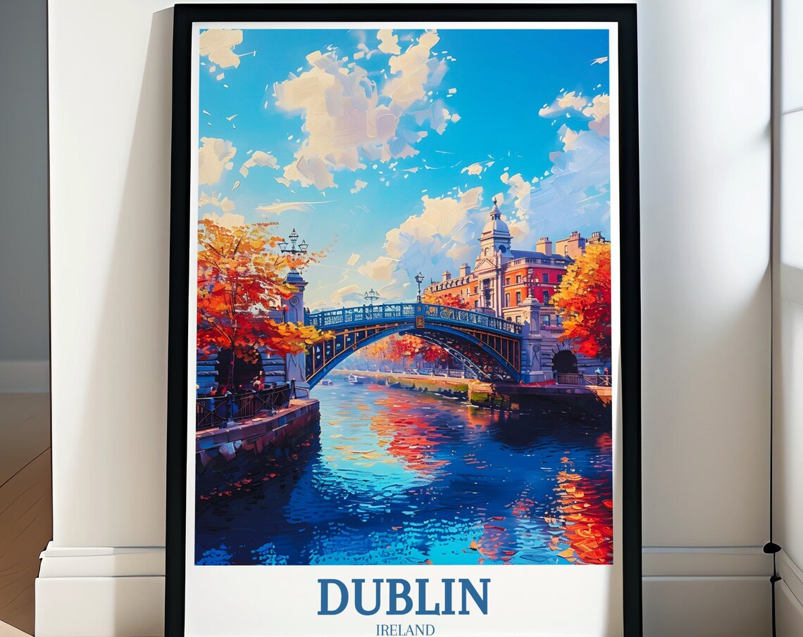 Dublin Ireland Ha'penny Bridge Autumn Colors River Travel Poster