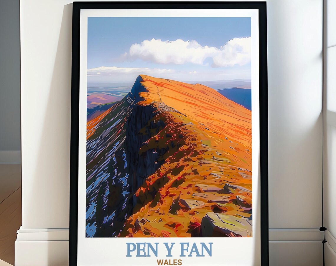 Pen y Fan Wales Golden Sunset Summit Ridge Hikers Travel Poster