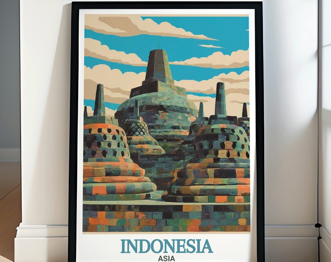 Indonesia Asia Borobudur Temple Stupas Geometric Retro Art Poster
