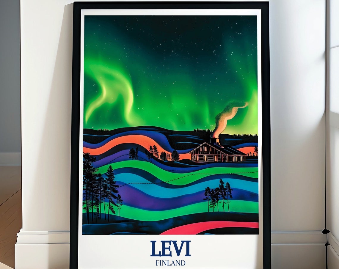 Levi Finland Aurora Borealis Poster With Northern Lights Cabin