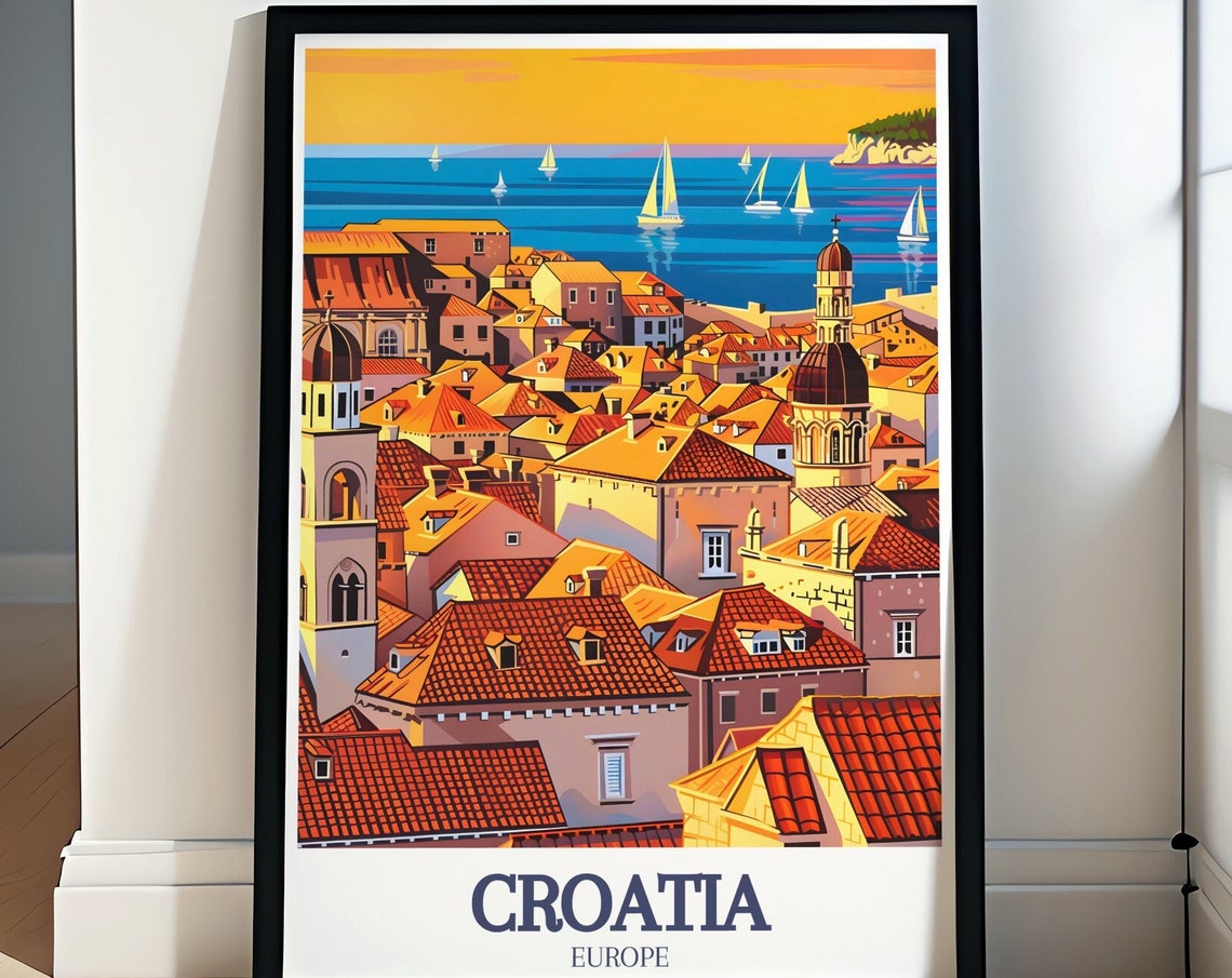 Dubrovnik Terracotta Rooftops Croatia Sunset Sails Travel Poster