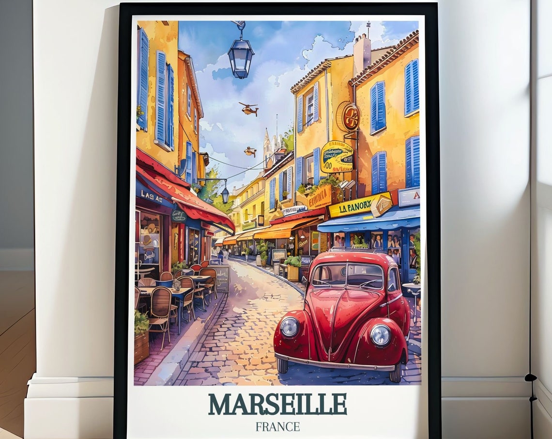 Marseille France Charming Street with Classic Red Beetle Poster