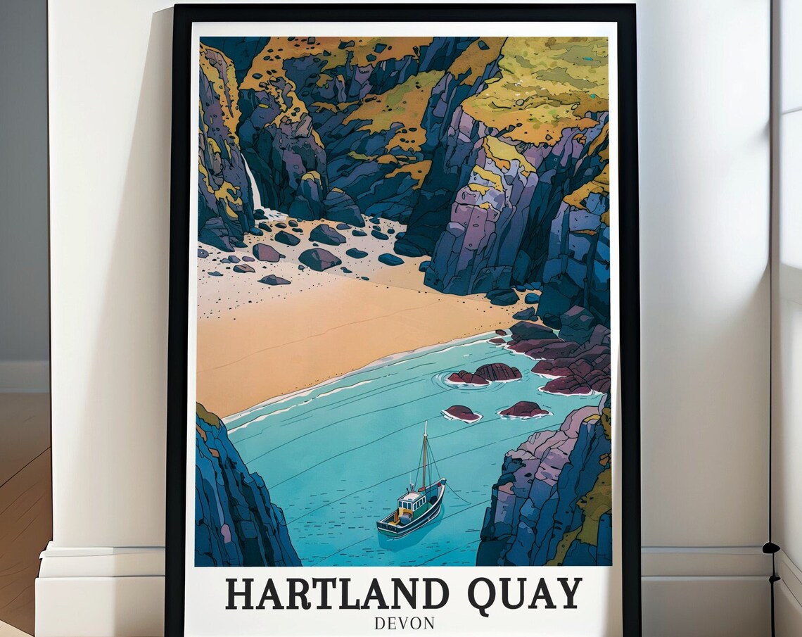 Hartland Quay Devon Rocky Cove Fishing Boat Hidden Beach Travel Poster