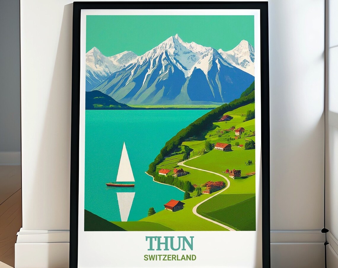 Thun Lake Sailboat Against Snowy Alpine Mountain Peaks Poster