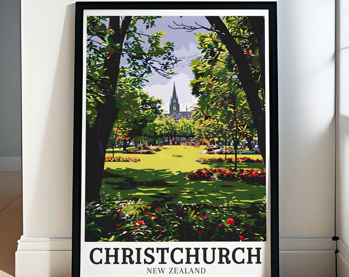 Christchurch Travel Poster, Cathedral and Botanic Gardens