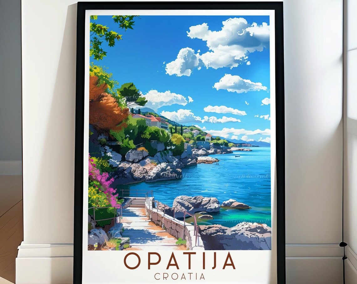 Opatija Croatia Lungomare Promenade Stairs Rocky Coast Travel Poster