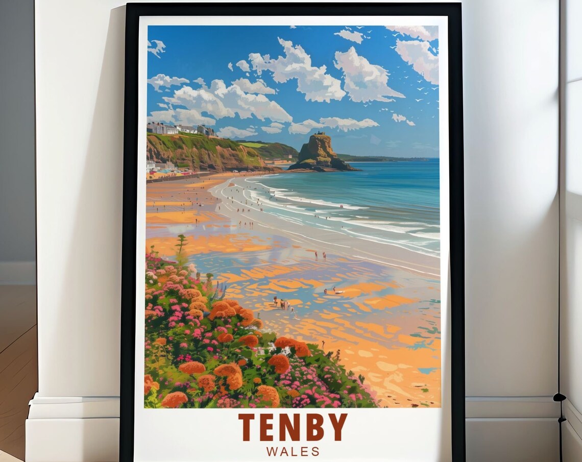Tenby Wales North Beach Flowers Coastal Sunset Travel Poster