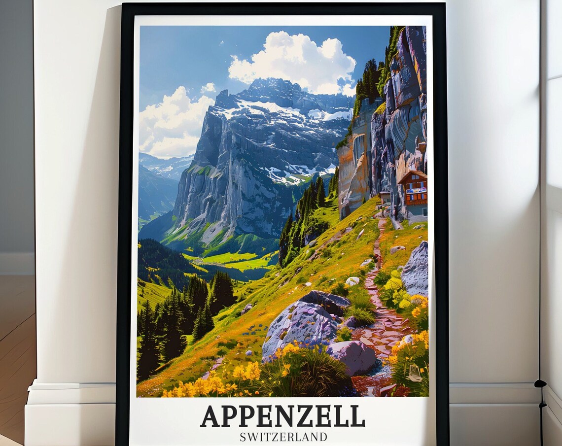 Appenzell Ebenalp Mountain Cliff Guesthouse Switzerland Travel Poster