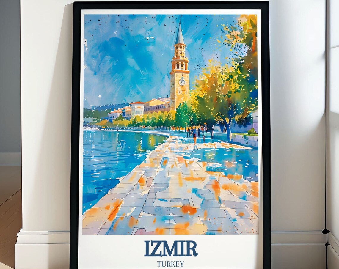 Izmir Turkey Clock Tower Promenade Watercolor Bay View Poster