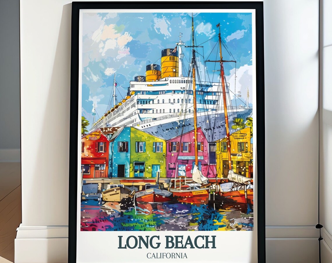 Long Beach Travel Poster Queen Mary Shoreline Village Travel Poster Queen Mary And Shoreline Village Art Print Long Beach Decor